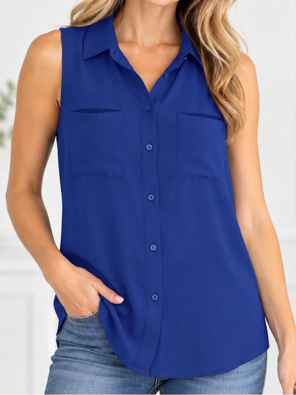 APT. 9 Women’s Large Royal Blue Sleeveless Button Front Blouse Career Top